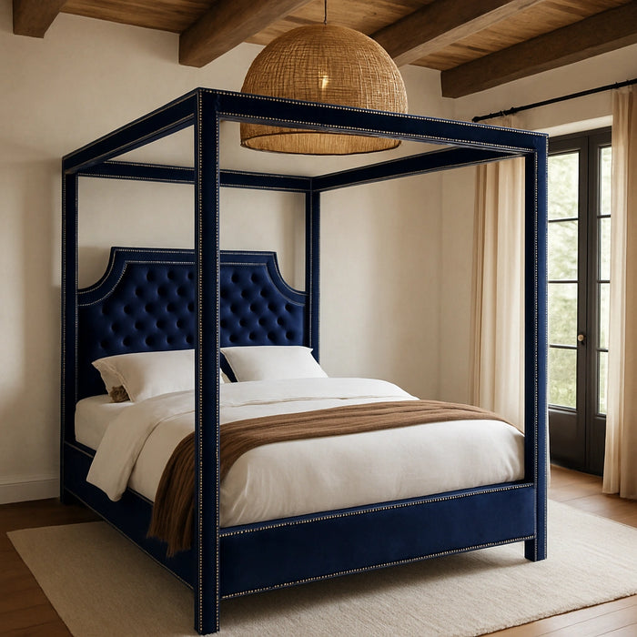 Rowan Navy Velvet Queen Bed (3 Boxes)