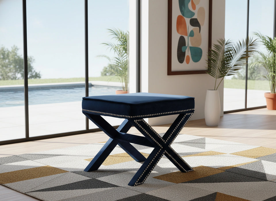 Nixon Navy Velvet Ottoman/Bench