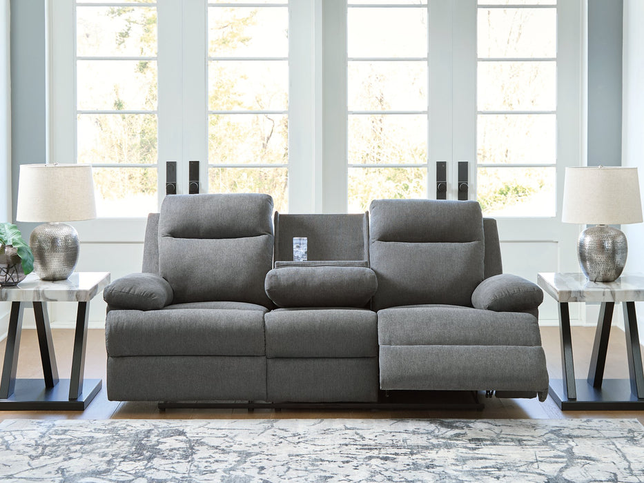Side-Swipe Reclining Sofa with Drop Down Table
