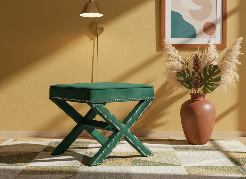 Nixon Green Velvet Ottoman/Bench