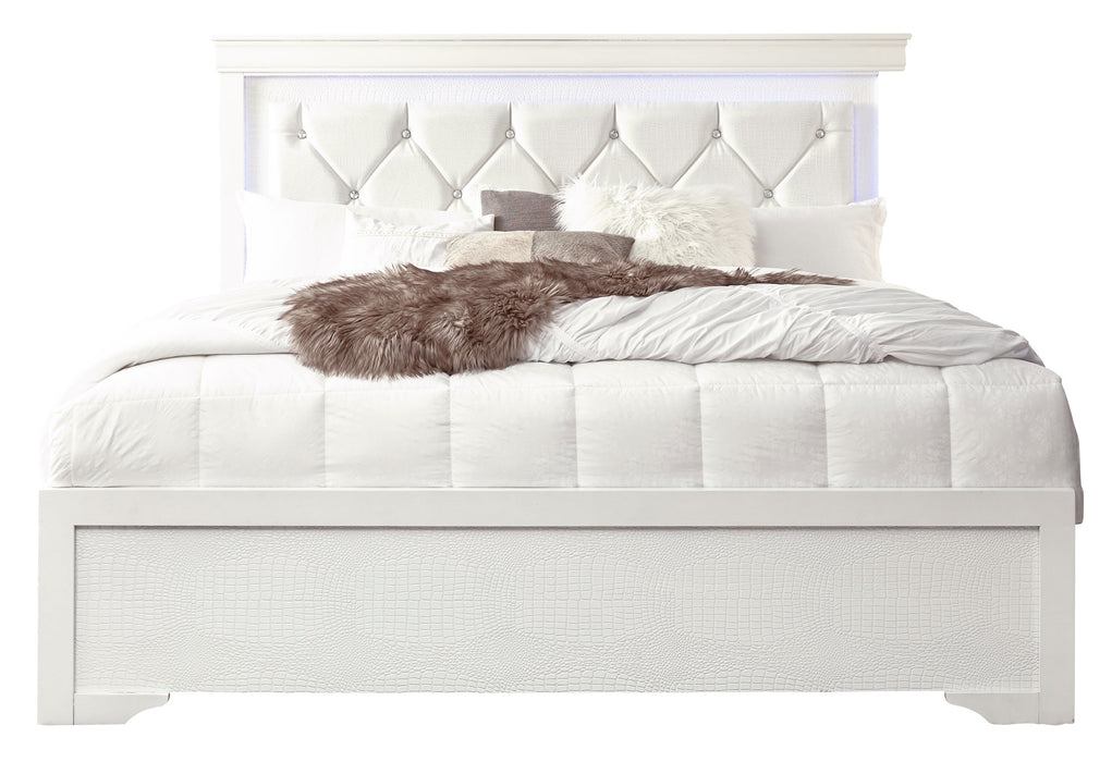 POMPEI METALLIC WHITE KING BED W/LED, DRESSER, MIRROR AND NIGHTSTAND